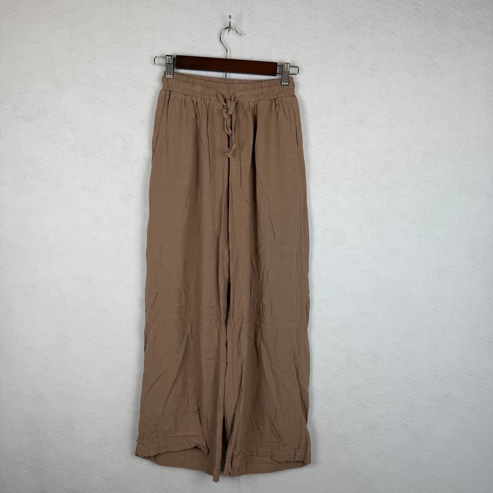 Linen Blend Wide Leg Pants Women Small Tan High Waist Boho Coastal‎